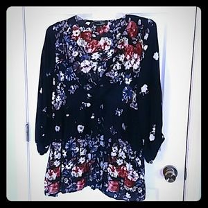 Deep V- neck, navy, peasant style blouse